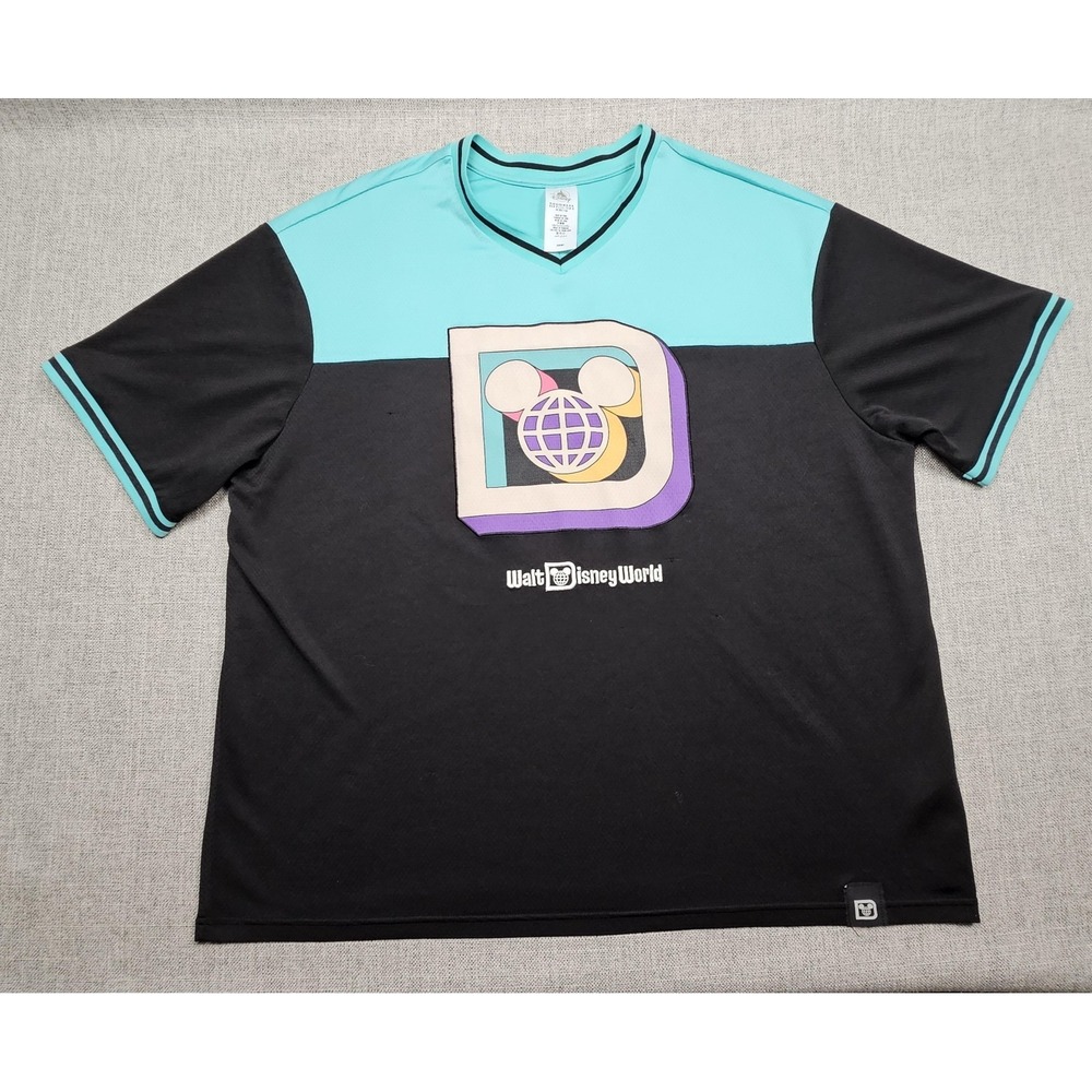 Disney Walt Disney World Shirt‎ Mens XL Black Teal Mickey Logo Jersey V Neck